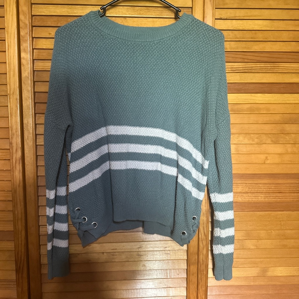 Pink Republic Seafoam Crewneck Sweater with White Stripes and Grommet Detail